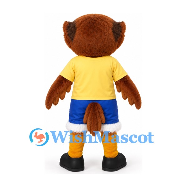 Eagle Mascot Costume in Brown with Yellow Shirt and Blue Shorts