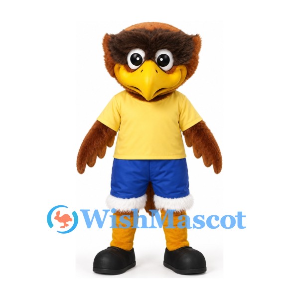 Eagle Mascot Costume in Brown with Yellow Shirt and Blue Shorts