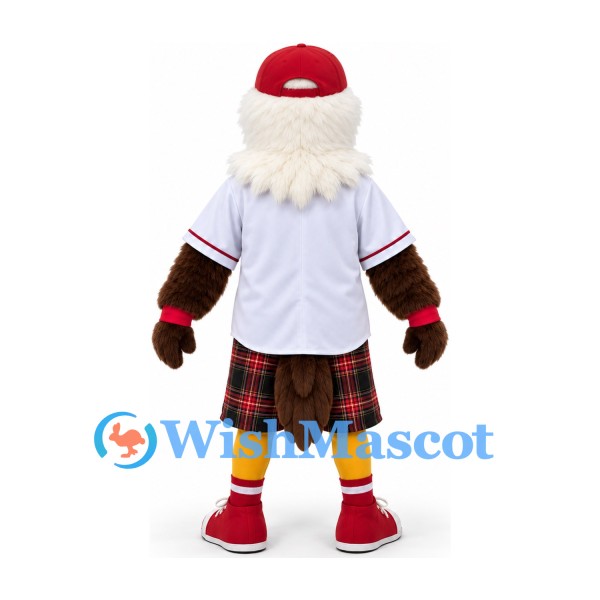 Eagle Mascot Costume in White and Brown with Baseball Shirt and Red Tartan Kilt