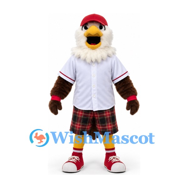 Eagle Mascot Costume in White and Brown with Baseball Shirt and Red Tartan Kilt