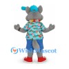 Wolf Mascot Costume in Gray with Tropical Shirt Denim Shorts and Teal Cap
