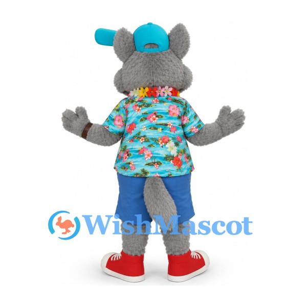 Wolf Mascot Costume in Gray with Tropical Shirt Denim Shorts and Teal Cap