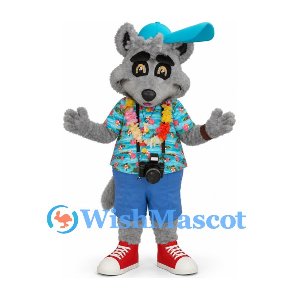 Wolf Mascot Costume in Gray with Tropical Shirt Denim Shorts and Teal Cap
