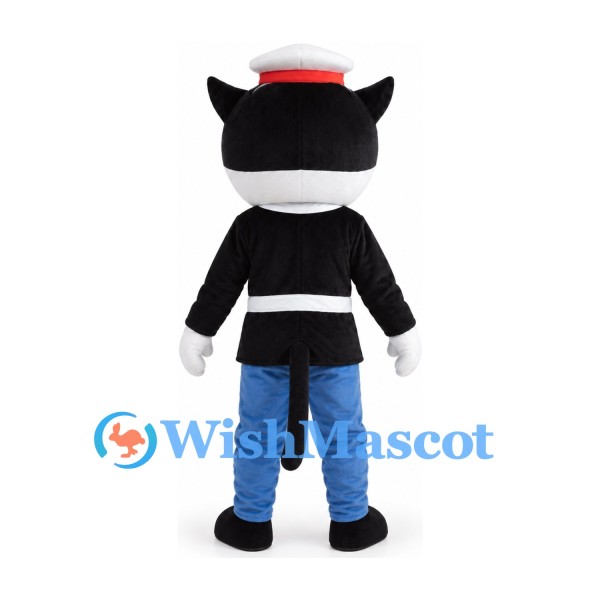 Cat Mascot Costume in Black and White with White Hat and Blue Trousers