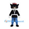 Cat Mascot Costume in Black and White with White Hat and Blue Trousers