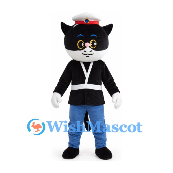 Cat Mascot Costume in Black and White with White Hat and Blue Trousers