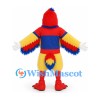 Parrot Mascot Costume in Red and Yellow with Blue Striped Shirt