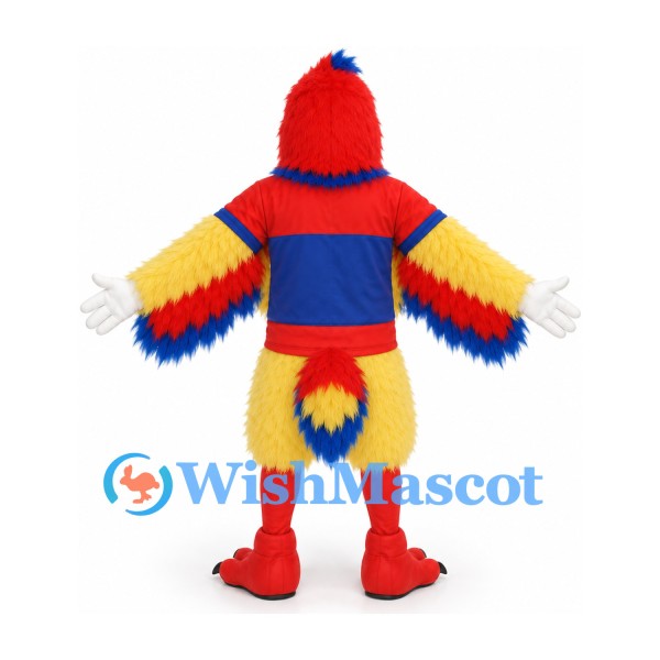 Parrot Mascot Costume in Red and Yellow with Blue Striped Shirt
