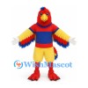 Parrot Mascot Costume in Red and Yellow with Blue Striped Shirt