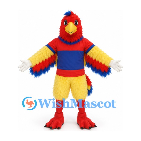 Parrot Mascot Costume in Red and Yellow with Blue Striped Shirt