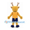 Deer Mascot Costume in Gold with Yellow Sports Shirt and Navy Shorts