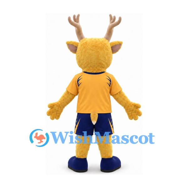 Deer Mascot Costume in Gold with Yellow Sports Shirt and Navy Shorts