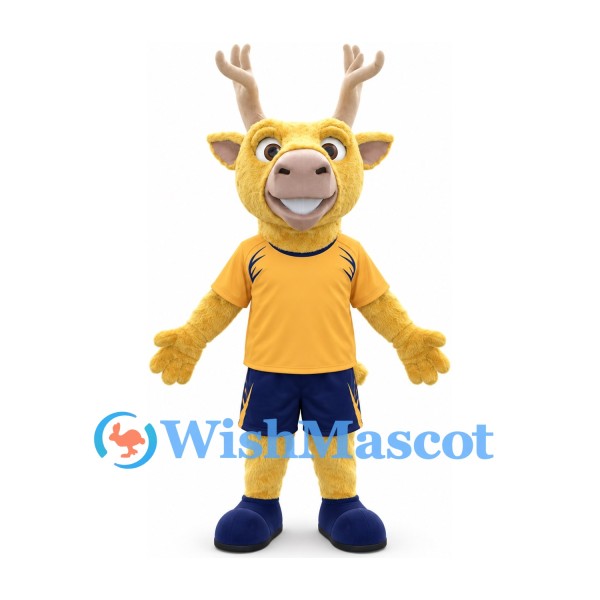 Deer Mascot Costume in Gold with Yellow Sports Shirt and Navy Shorts