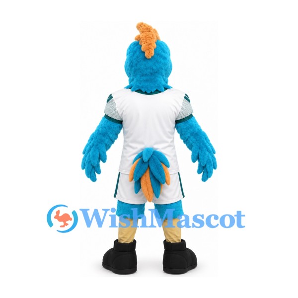 Bird Mascot Costume in Teal with Orange Crest and White Sports Uniform