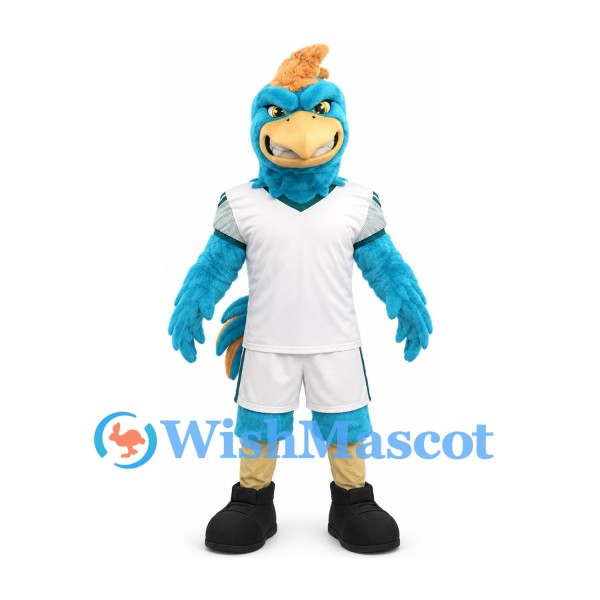 Bird Mascot Costume in Teal with Orange Crest and White Sports Uniform