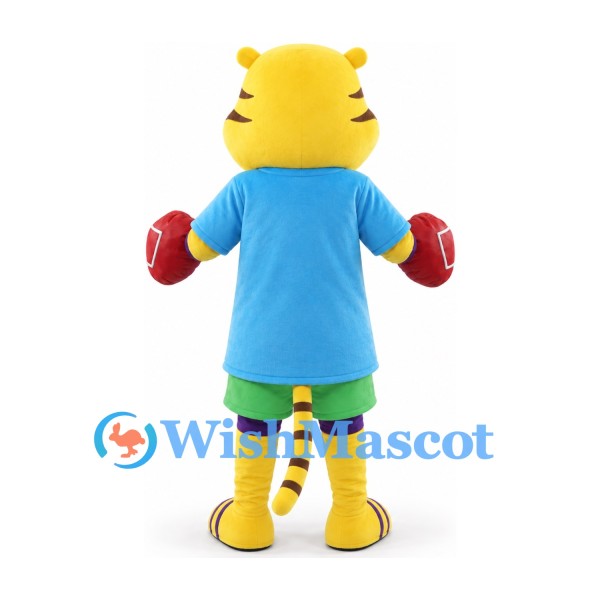 Tiger Mascot Costume in Yellow with Blue Shirt Green Shorts and Red Gloves