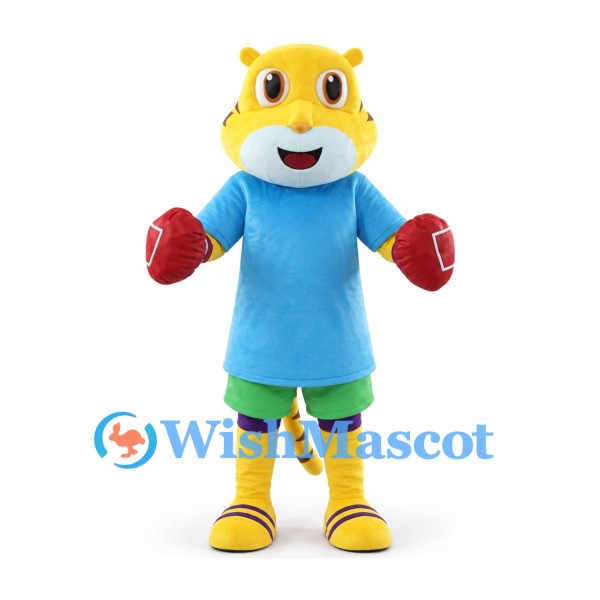 Tiger Mascot Costume in Yellow with Blue Shirt Green Shorts and Red Gloves