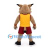 Lynx Mascot Costume in Tan with Yellow Shirt and Burgundy Shorts