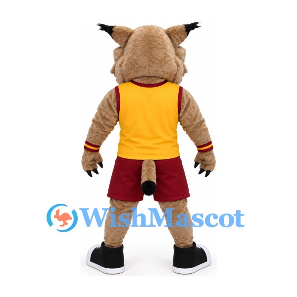 Lynx Mascot Costume in Tan with Yellow Shirt and Burgundy Shorts