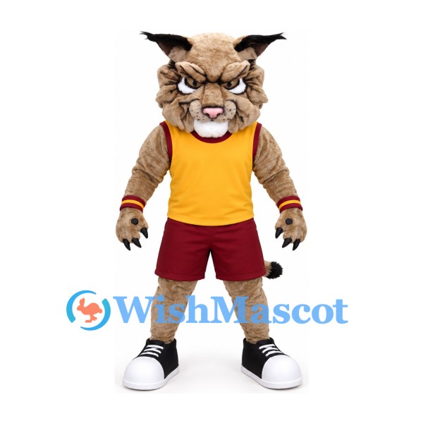 Lynx Mascot Costume in Tan with Yellow Shirt and Burgundy Shorts