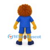 Lion Mascot Costume in Yellow with Orange Mane and Blue Sports Uniform