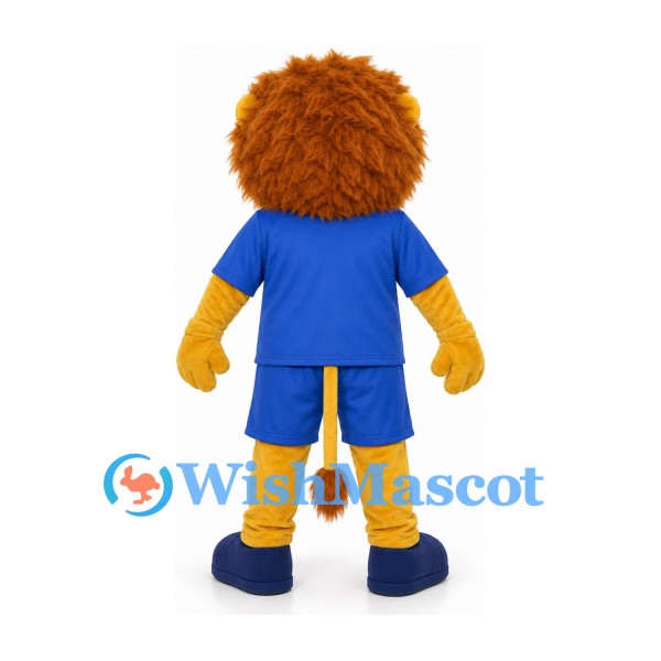 Lion Mascot Costume in Yellow with Orange Mane and Blue Sports Uniform