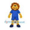 Lion Mascot Costume in Yellow with Orange Mane and Blue Sports Uniform