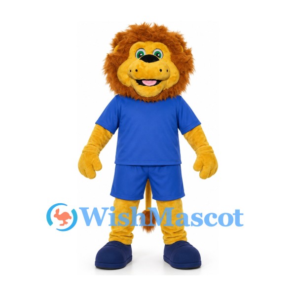 Lion Mascot Costume in Yellow with Orange Mane and Blue Sports Uniform