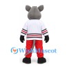 Mouse Mascot Costume in Gray with White Hockey Jersey and Red Trousers