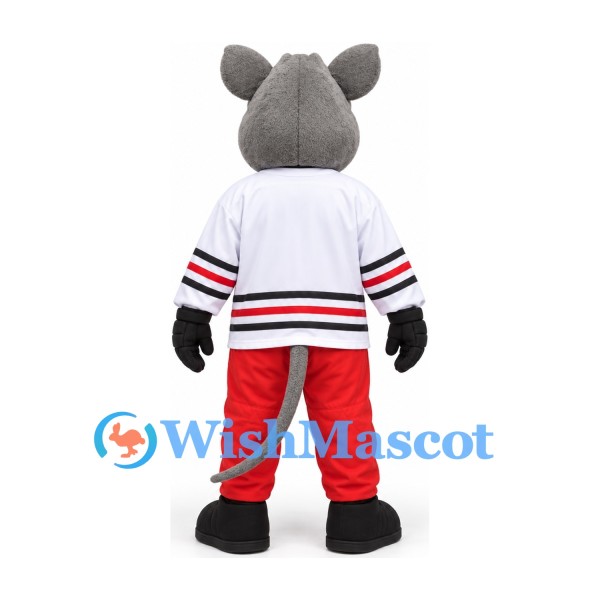Mouse Mascot Costume in Gray with White Hockey Jersey and Red Trousers