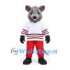 Mouse Mascot Costume in Gray with White Hockey Jersey and Red Trousers