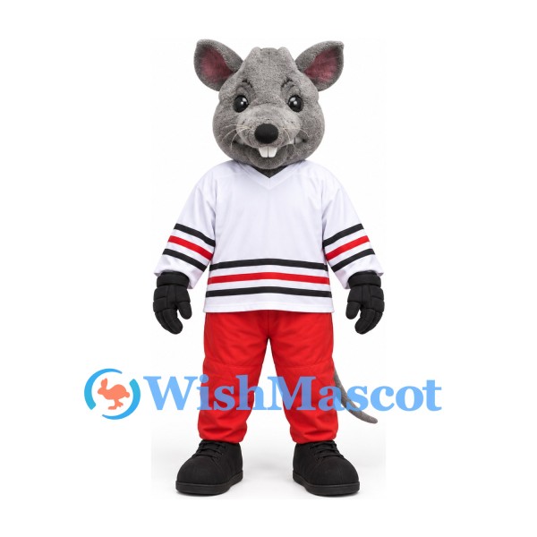 Mouse Mascot Costume in Gray with White Hockey Jersey and Red Trousers