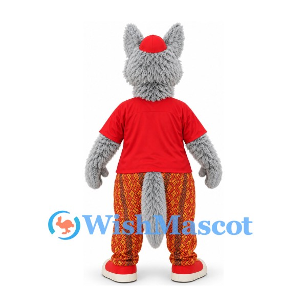 Wolf Mascot Costume in Gray with Red Shirt and Orange Patterned Trousers