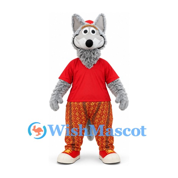Wolf Mascot Costume in Gray with Red Shirt and Orange Patterned Trousers