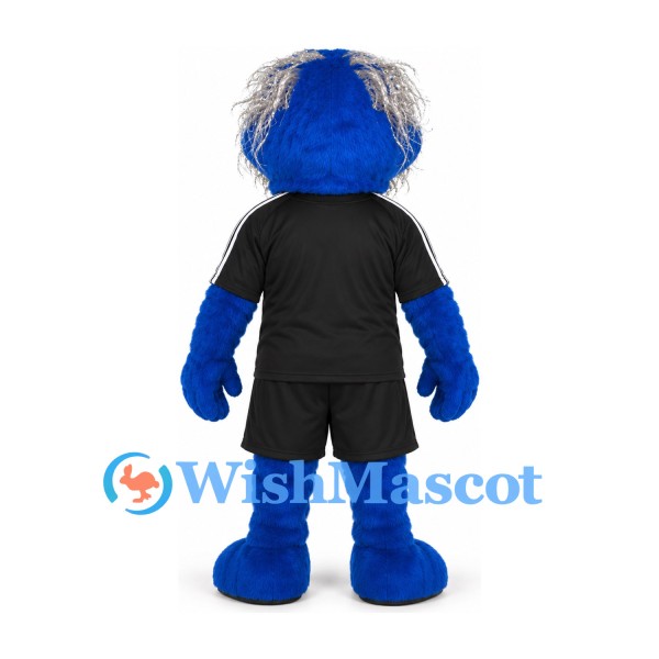 Monster Mascot Costume in Blue with Gray Hair and Black Sports Uniform