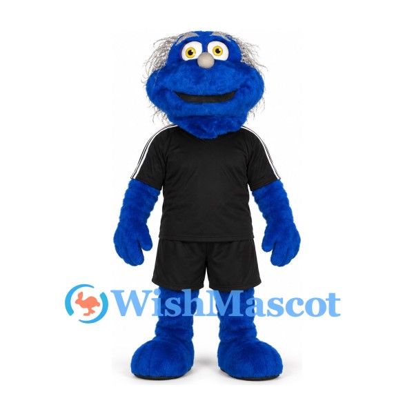 Monster Mascot Costume in Blue with Gray Hair and Black Sports Uniform