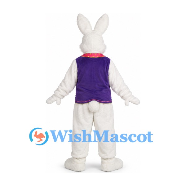 Rabbit Mascot Costume in White with Purple Vest and Floral Bow Tie