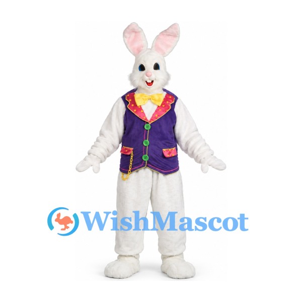 Rabbit Mascot Costume in White with Purple Vest and Floral Bow Tie