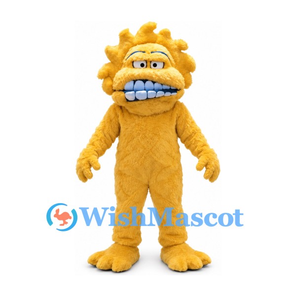 Monster Mascot Costume in Yellow with Spiked Head and Large Grinning Teeth
