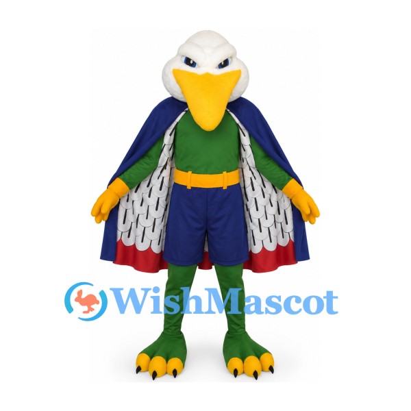 Eagle Superhero Mascot Costume in Green with Navy Cape and White Head