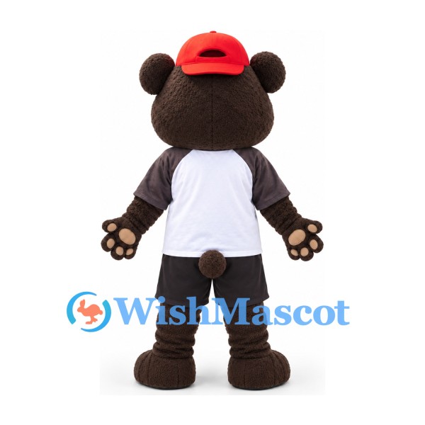 Bear Mascot Costume in Brown with White Raglan Shirt and Red Cap