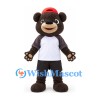 Bear Mascot Costume in Brown with White Raglan Shirt and Red Cap