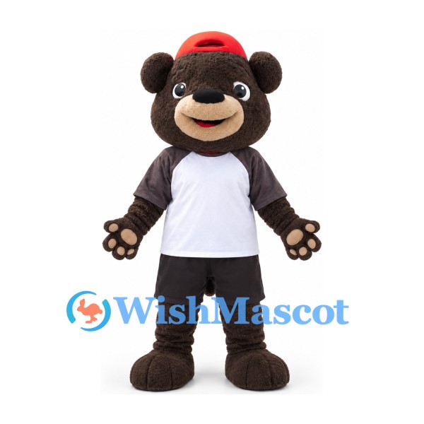 Bear Mascot Costume in Brown with White Raglan Shirt and Red Cap
