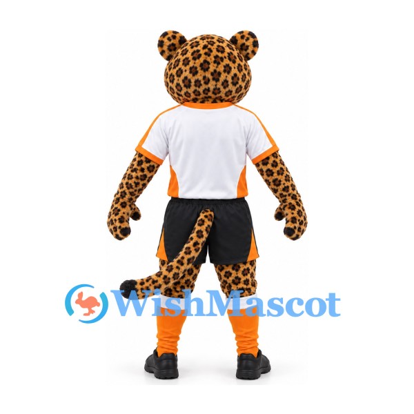 Leopard Mascot Costume in Gold with White Sports Shirt and Black Shorts