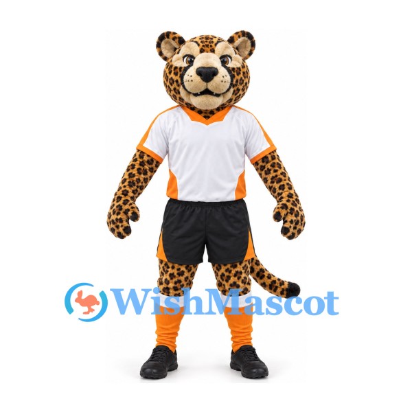 Leopard Mascot Costume in Gold with White Sports Shirt and Black Shorts
