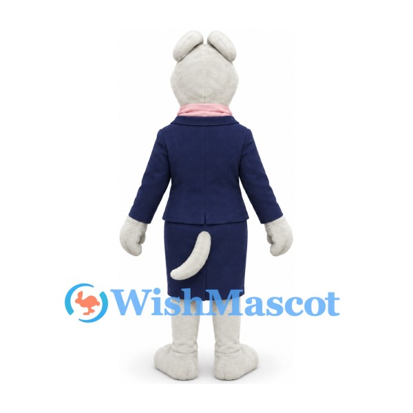Dog Mascot Costume in White with Navy Skirt Suit and Pink Scarf