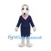Dog Mascot Costume in White with Navy Skirt Suit and Pink Scarf