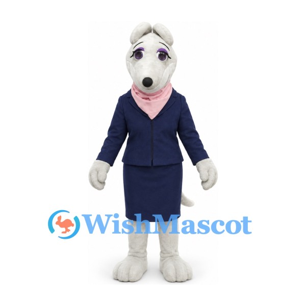 Dog Mascot Costume in White with Navy Skirt Suit and Pink Scarf