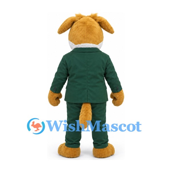 Dog Mascot Costume in Tan with Green Business Suit and Red Tie