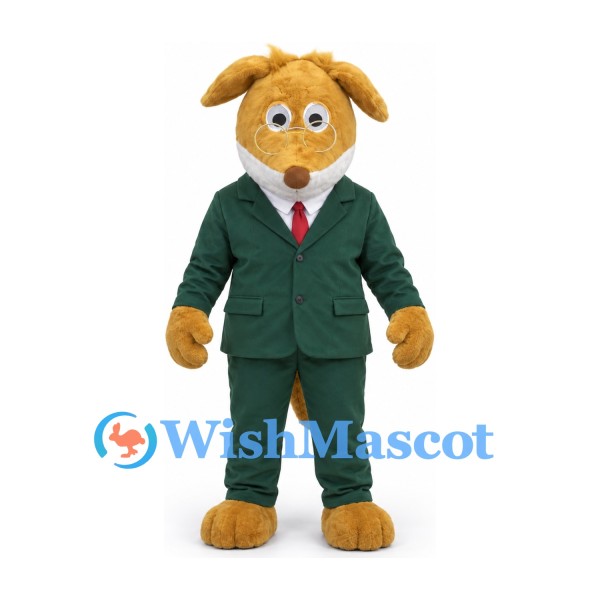 Dog Mascot Costume in Tan with Green Business Suit and Red Tie
